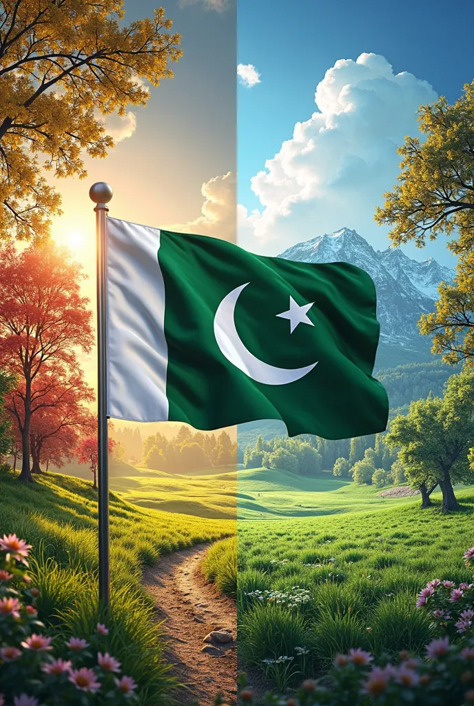 Create a four season picture, where all the seasons showing its glamorous but there is a Pakistani flag in the picture. Title word "Pakistan Swag" written over the picture.