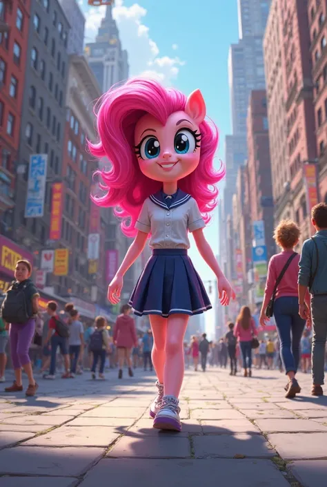 Pinkie Pie from My Little Pony Equestria Girl walking in New York wearing school clothes and shoes 