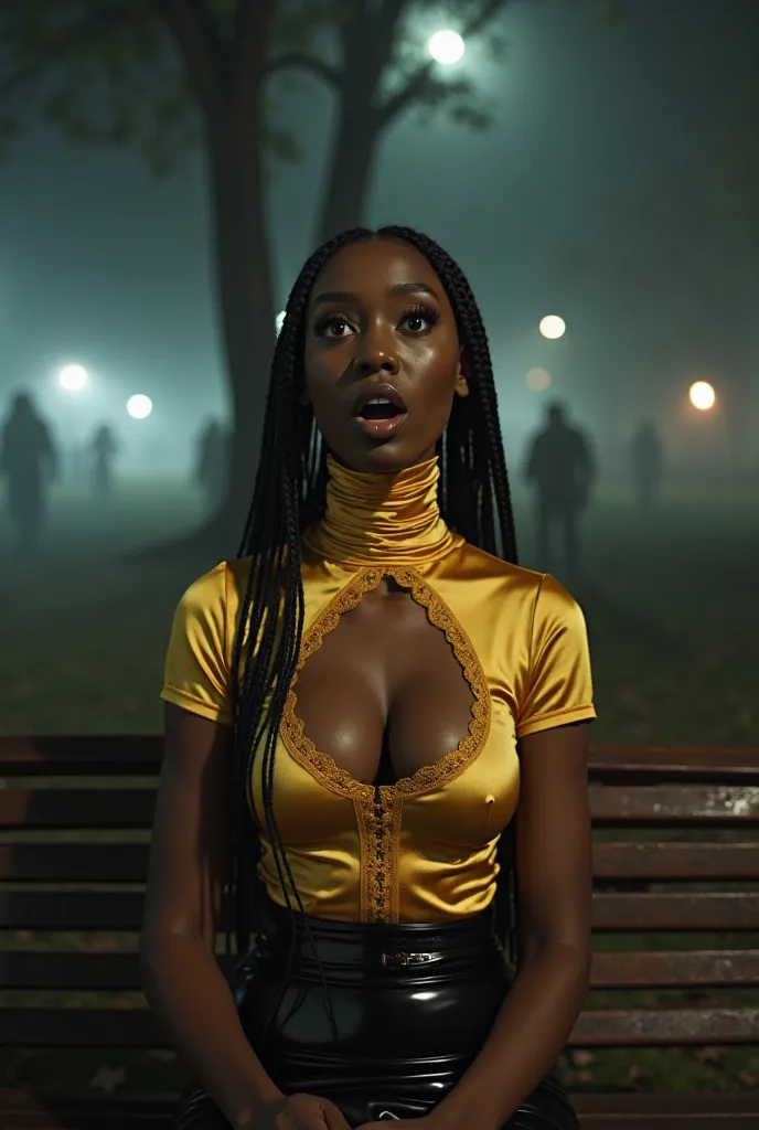 A beautiful black woman with realistic-looking braids has an extremely long and stylized neck that gives her a unique and surreal look.. He wears a gold turtleneck made of shiny satin with short sleeves., made of an elastic and tight fabric that adheres pe...