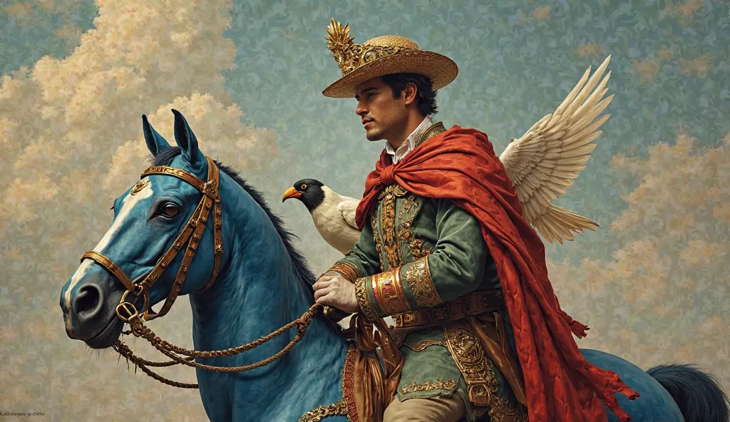 Painting of a man with a bird on a blue horse and a bird on his shoulder, inspired by Michael Cheval, Michael Cheval (  unreal engine  , hyperrealistic Art Nouveau, Decorated art, Esao Andrews : : Decorated, art fantastique victorien, Inspiré par James Chr...