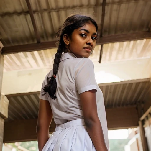 Beautiful faced ,dark black skinned,petite body srilankan girl in mini skirt and shirt ,from below