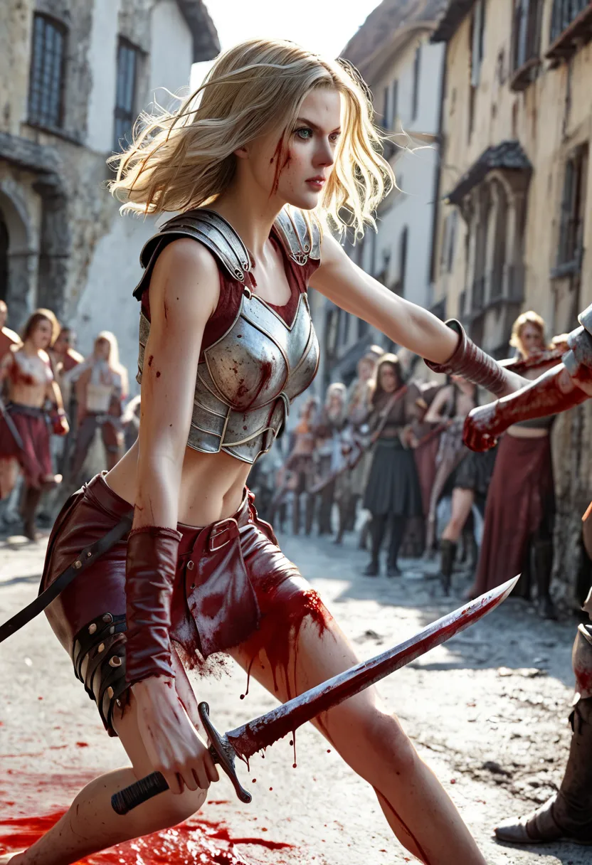 a young fit slim blonde barefoot woman in scarlet leather armor is holding a bloody sword and fighting and killing people in a village, lots of blood, s, slashed bodies, fire, high quality, medium wild hair, people fighting in the background