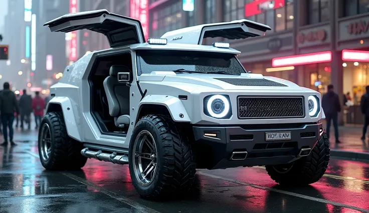 "A futuristic, heavily modified white Hummer SUV with an aggressive, armored design. The vehicle features a sleek, aerodynamic body, massive chrome wheels, and sharp LED headlights. Its doors are gullwing-style, opening upwards for a dramatic look. The fro...