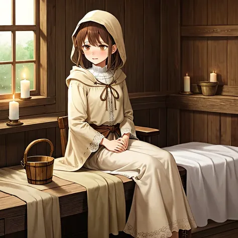 A highly detailed anime fantasy illustration depicting Mirien, a young woman with delicate features, sitting on the edge of a simple wooden bed in a fantasy setting.

She has beautiful brown eyes and medium-length, straight brown hair with slanted bangs fr...