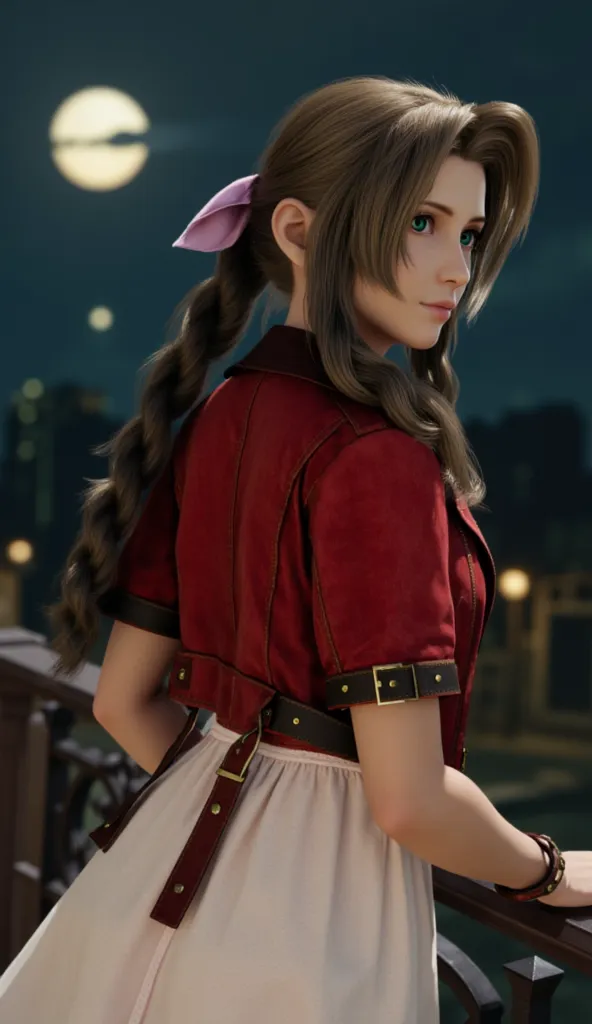 masterpiece, best quality, abusseur dress with wire mesh,
FF7 Aerith, 1 girl, brown hair, green eye, long hair, braided ponytail, watching viewers, from behind, Night Sky, handrail, full body, from behind, moon