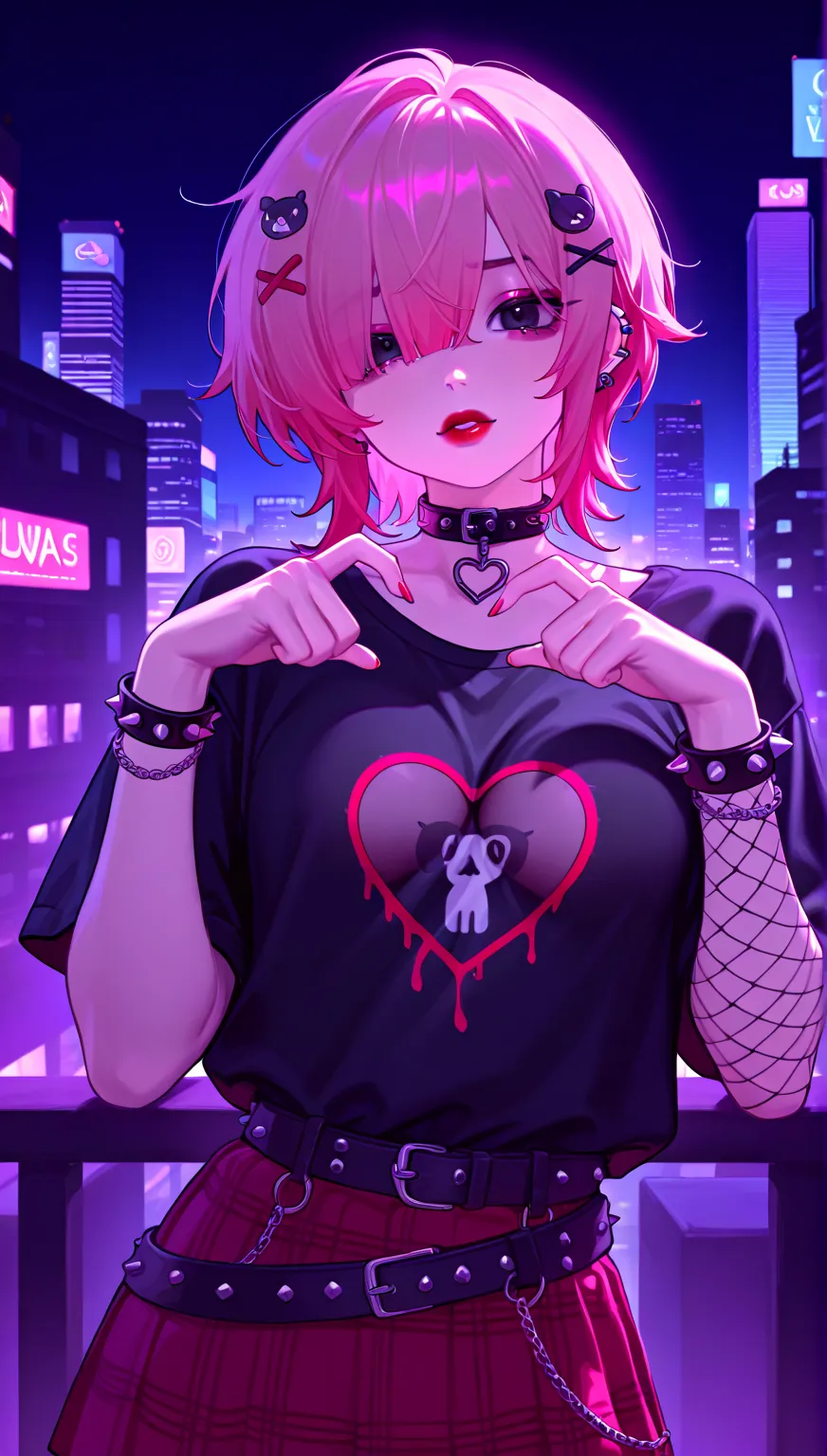 1boy , city, night,  boy, medium pink hair , emo, black eyes, red lips, piercings,  black t-shirt,  heart-shaped neckline , visible breast , luvas fishnet, short red skirt, black belt, half fishnet, collar, chains, hair accessories, Spike bracelet, sexy po...