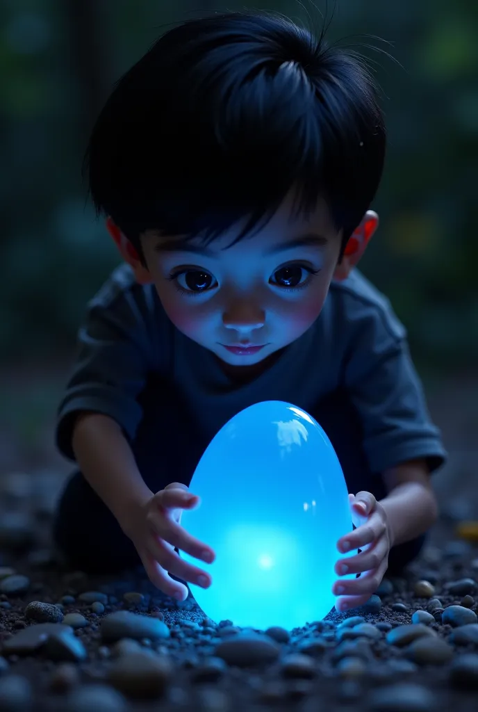 Ali picking up a glowing blue stone from the ground,with a curious expression on his face.