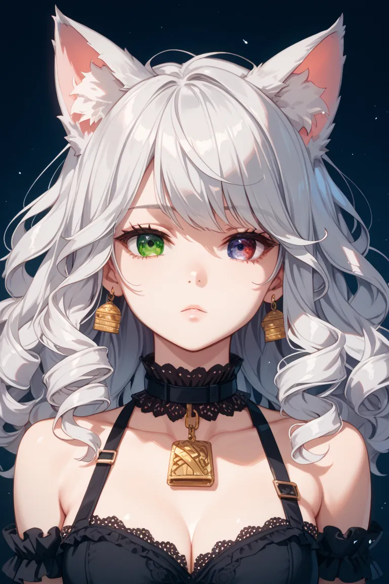 anime、Cat ears、 Silver Hair、long hair loose fluffy curls、adult women、Red and green eye colors that are different on the left and right、 sexy、expressionless、Downcast eyes、