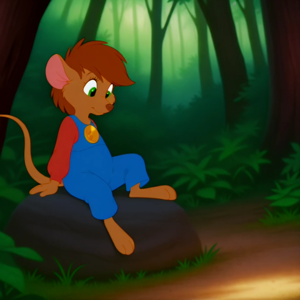 masterpiece, best quality, amazing quality, abigailouafIL, semi-anthro, female, furry, brown fur, green eyes, brown hair, short hair, blue overalls, in a forest, sitting on a rock, Red tailed Jacket , gold buttons