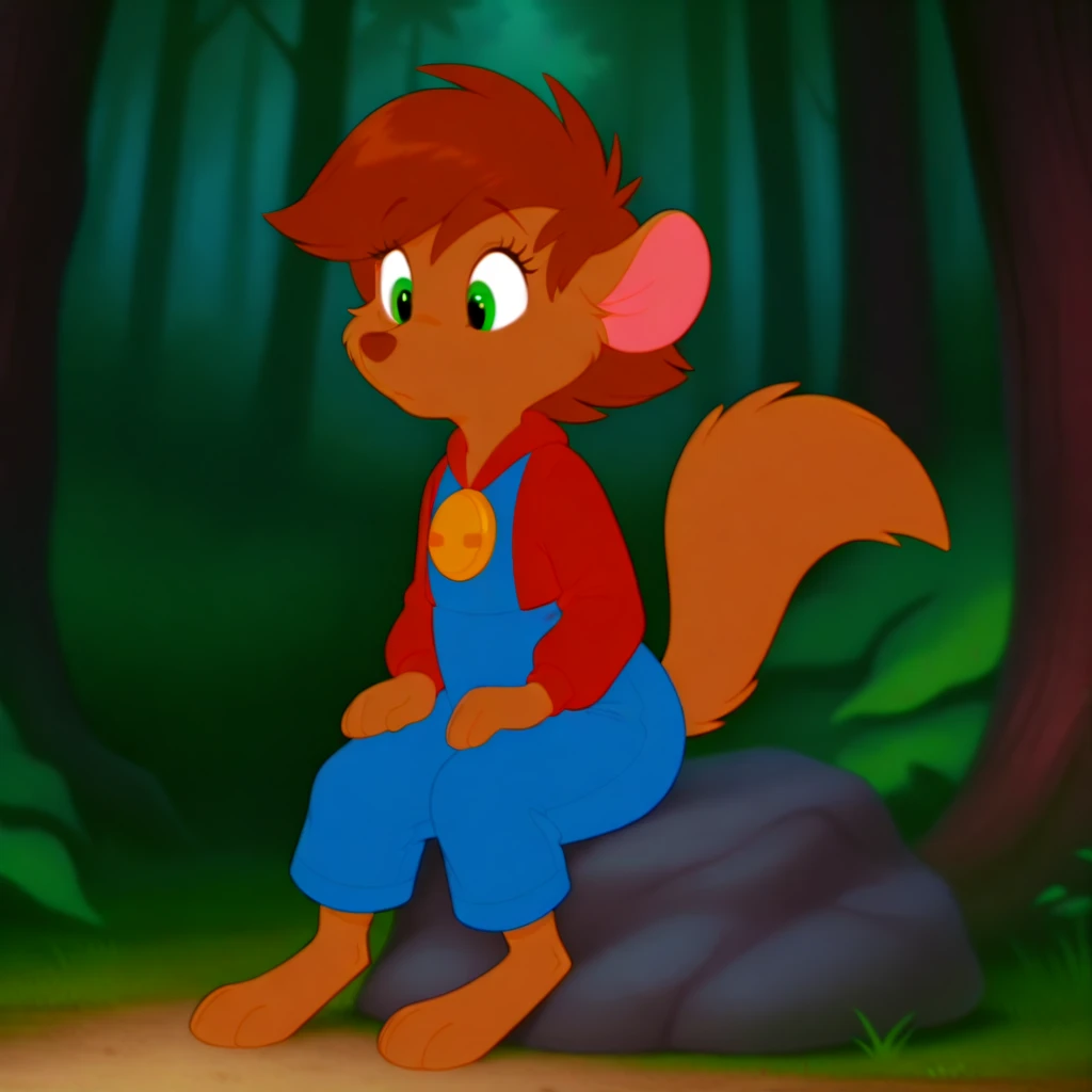 masterpiece, best quality, amazing quality, abigailouafIL, semi-anthro, female, furry, brown fur, green eyes, brown hair, short hair, blue overalls, in a forest, sitting on a rock, Red tailed Jacket , gold buttons