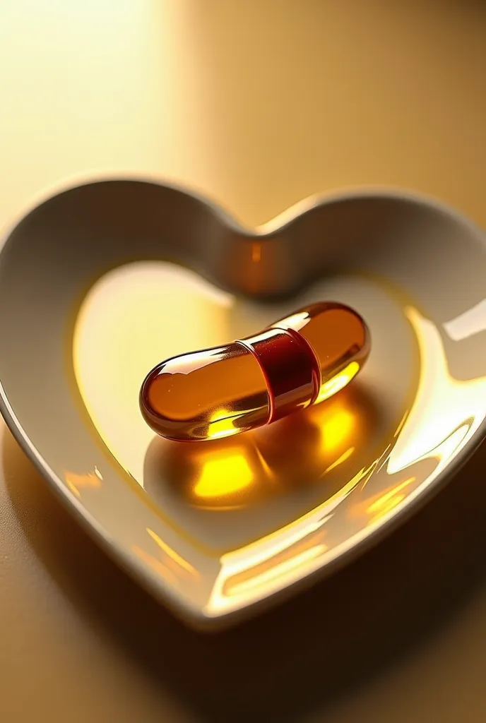 there are two pill on a plate in the shape of a heart,  highly encapsulated , pill,  MIXED ART , by Emma Andijewska, Liquid Gold, The alien capsule , healthy, pill and drug, Enhanced Picture Quality ,  boats , drug,  golden morning , healthycare, quack dru...