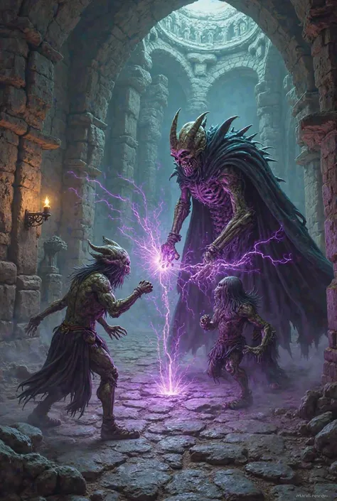 2 half dead goblins with green electric fists in a dark dungeon fighting a royal vampire skeleton lich with purple electric fists in a dungeon the theme is dark fantasy 