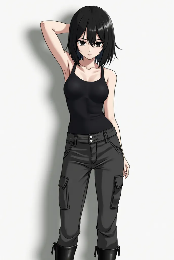 
black-eyed girl with black bob hair, wears a black tank top and black cargo jeans with black boots, She has one hand behind her head, anime style 