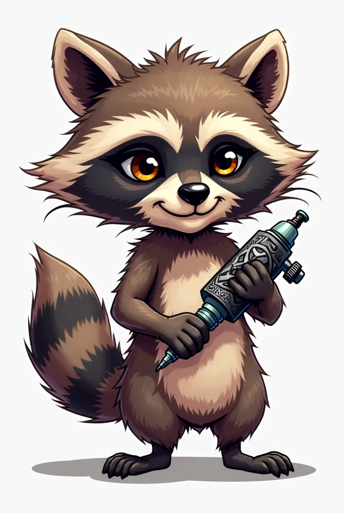 Create an image of a raccoon with a tattoo machine in hand in Cartoon png style and white background