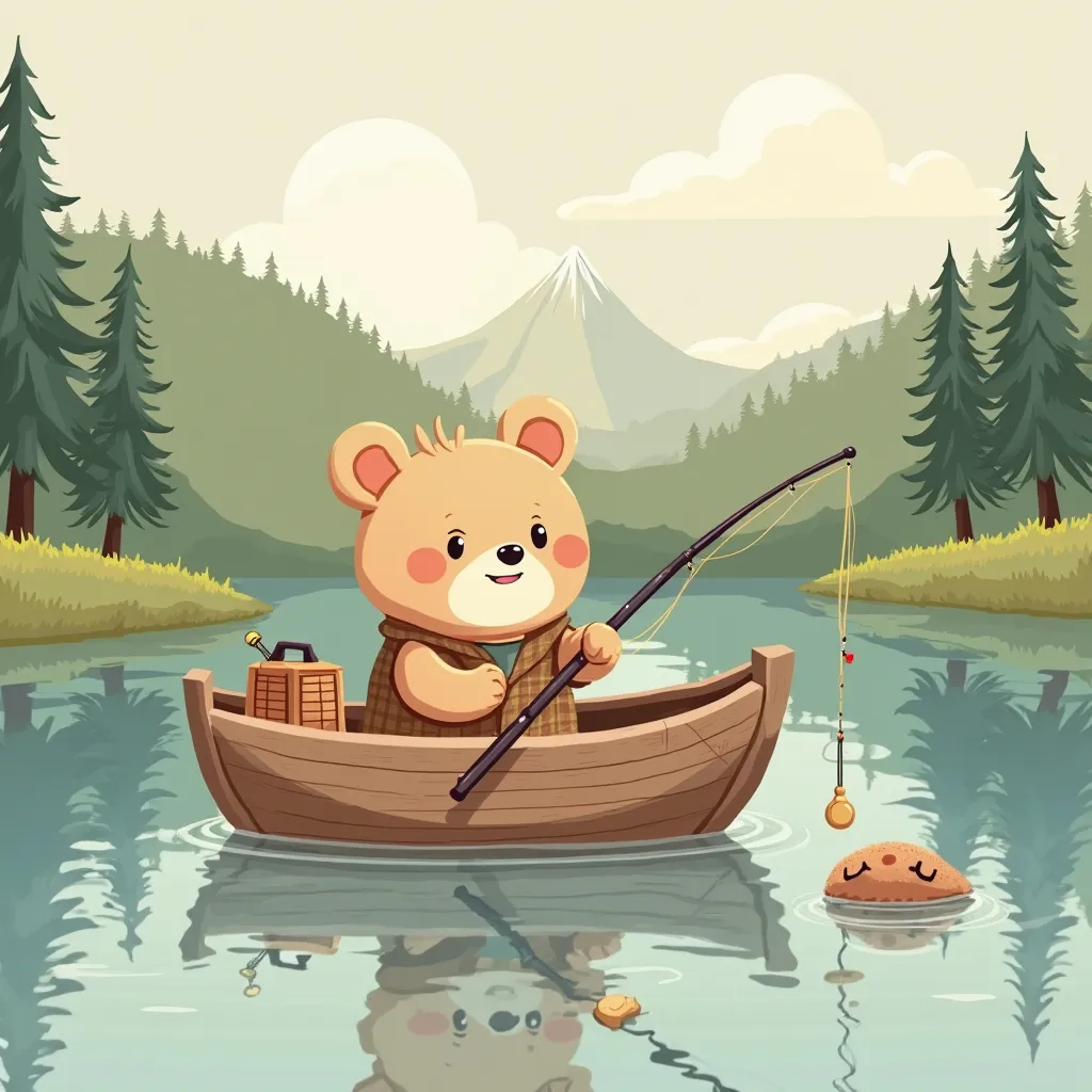 Illustration of a cute bear fishing on a boat on a lake