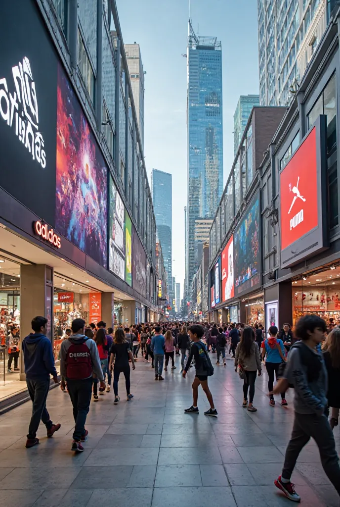 "A busy shopping mall with people wearing Adidas and Puma shoes, t-shirts, and sports accessories. Large Adidas and Puma billboards and logos are displayed on the store windows. The background features a modern cityscape, and the atmosphere is vibrant with...