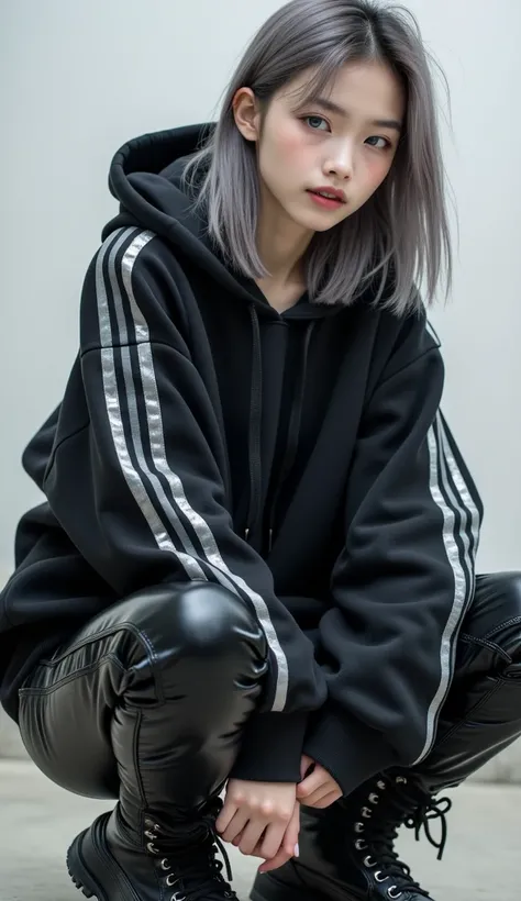 A daring convergence of futurism and monochrome minimalism featuring a 20-year-old cute Japanese model with an hourglass figure, a very slender waist, and a tiny head with long gray hair and large blue eyes. She wears an oversized black hoodie with reflect...