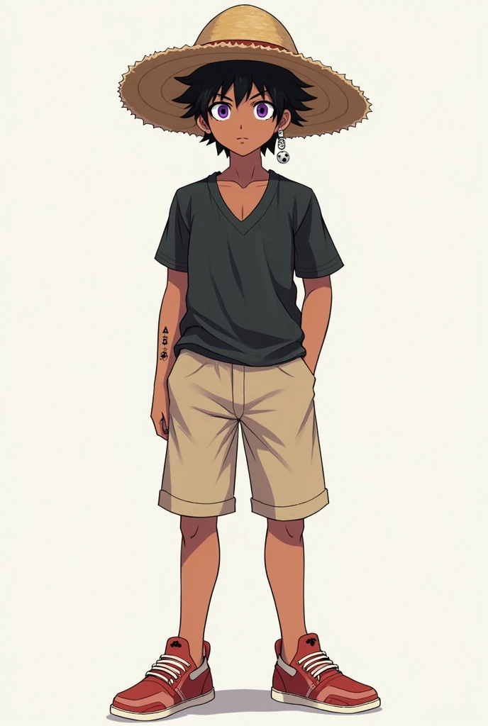 Hayato is a 17-year-old brown-skinned TALL young man who is 1 meter and 84 cm tall and lean. He has purple eyes and messy black hair. He is physically strong and agile. He always wears a Big Straw Hat, black v-neck shirt, beige shorts, and a pair of red sh...