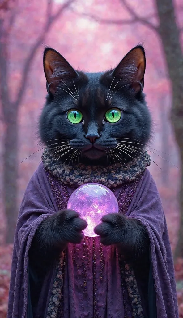 A very cute black cat wearing a goddess costume、 is looking straight ahead 。 holding crystal balls 。has emerald eyes and is very sparkling。The background is a fantasy landscape with fantastic purple pink colors。The horizontal and vertical ratio is 9 ：16。 h...