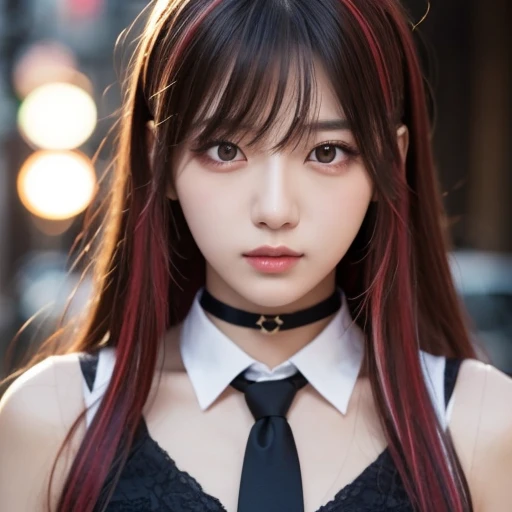  top quality ,  detailed information,  Color Difference,  1 girl,  long hair,  black hair,  messy hair, red highlights,  Hair,  red eyes, Sharp Eye,  choker ,, ,  their four ,  turn my arms around my back , Tie your arms,  