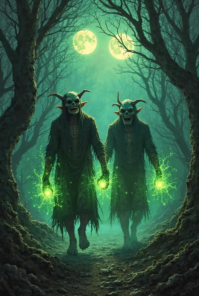 2 vampire goblins with green electric fists walking in a dark forest with 2 moons the theme is dark fantasy 