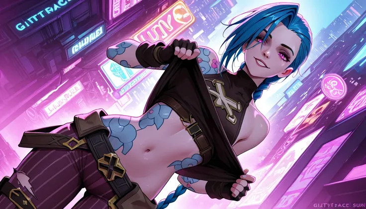 jinx from arcane ,lovely face, cyberpunk city environment background, masterpiece, anime style, flashing bod, glittering body glittering in the sun light