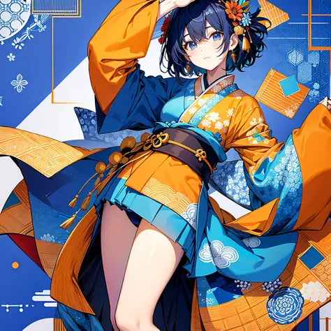 Background、round and square、Greatest Masterpiece、 kimono、A geometric pattern combining blue and orange