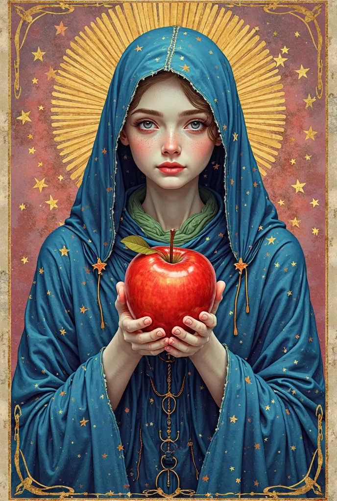 and、Create a collage of sparkling and warm tarot cards. In the collage, an abstract figure holds a shiny, magical red apple, eyes are front 、 pantone mystic blue, Radial lines, pastel blue with accents. and a visually dynamic (11-4303 TCX)  As primary colo...