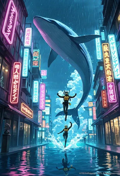 very detailed, dancing,  8k octanagem,   super detailed , JPEG compression distortion, Rainy sky drawn on top,
diver, Alone, Underwater Swimming, diving equipment, holographic bubbles rising from a snorkel, 
水没した City Background , Full of sea creatures, \d...