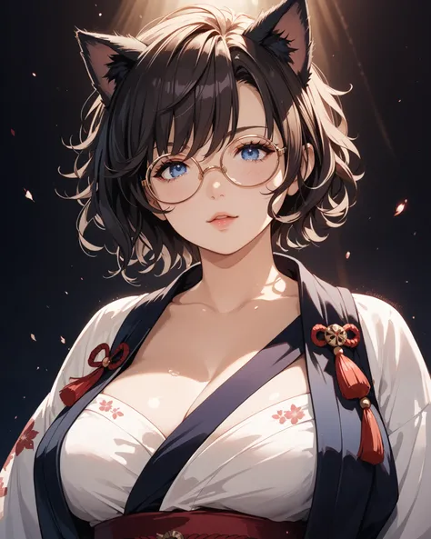 A fantasy RPG scene featuring a woman with dark brown, short messy hair and black cat ears. She has blue eyes, a chubby fat stomach, and realistic proportions. red and white kimono with purple decor is detailed, including a boob window. She wears circle gl...