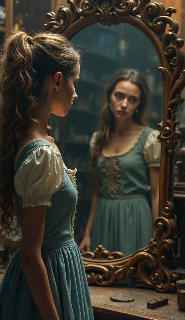 Alice,  a curious young woman , enters an antique store and is faced with an ancient and mysterious mirror.
The mirror has an ornate frame and dark glass that seems to absorb light.
Alice is drawn to the mirror and observes it for a long time, feeling a st...