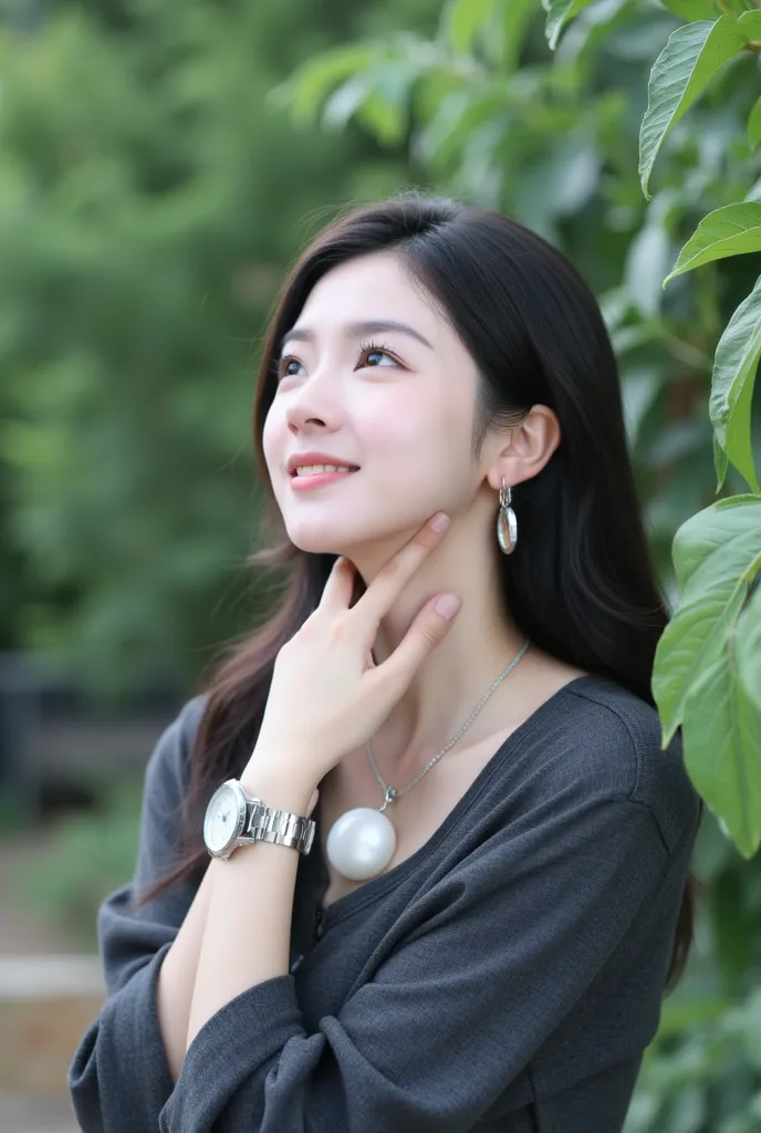 Young woman (ethnicity:Southeast Asian, age:1.1), (detailed skin texture:1.2), (expression:1.2), (pose:1.2), (body type:1.1), looking upward and slightly to the right, with hand resting on her neck, wearing dark gray top, silver wristwatch, earrings, (deta...