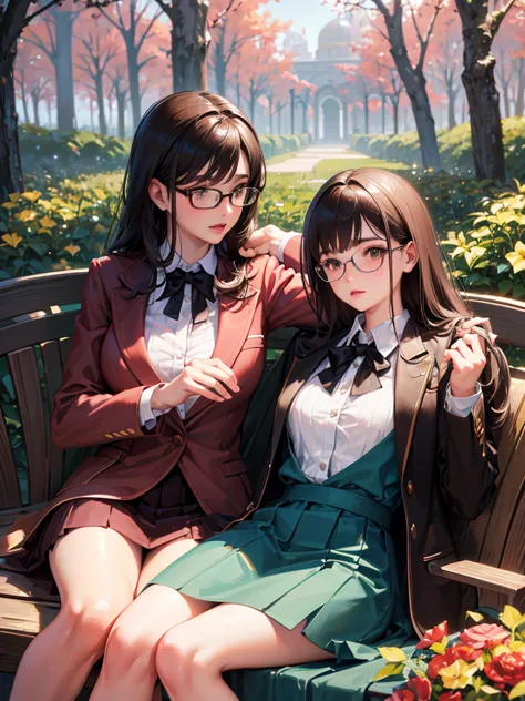 1 female、brown haired、Brown eyes、Black-rimmed glasses、Best Quality、ultra-detailliert、8K resolution、Raw photo、masutepiece、gorgeous faces、Perfect body、Blazer Uniform、sit on a bench