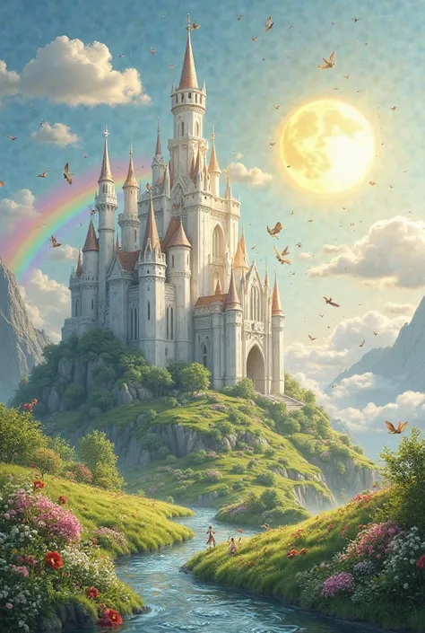 A grand and magical white castle with towering spires, made of shimmering marble, standing majestically on top of a soft, fluffy cloud. The castle is surrounded by vibrant, lush green meadows filled with colorful flowers and gentle streams flowing through ...