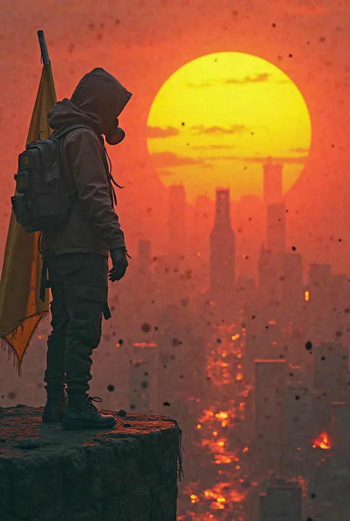 a hooded  wearing a gas mask, standing on the edge of a building, holding a yellow flag, Facing a destroyed cyberpunk city and a giant mech army approaching the horizon, with red smoke all over the scene and two giant yellow suns emerging from the dark 