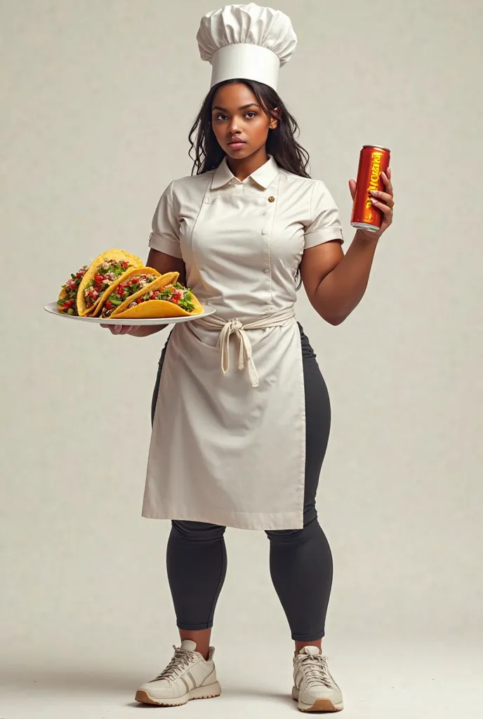 Very strong girl,  girl dressed as a chef, Holding some tacos and a soda