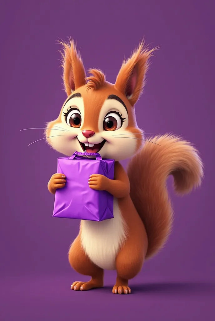 a squirrel hanging food delivery bag purple color in very happy mood with purple background 