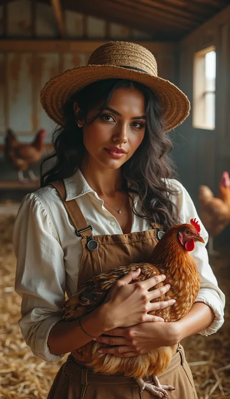 Karely Ruiz dressed as a farmer, with her hands holding a hen, sexy,  VERY REALISTIC, Cinematic, Background of a chicken barn