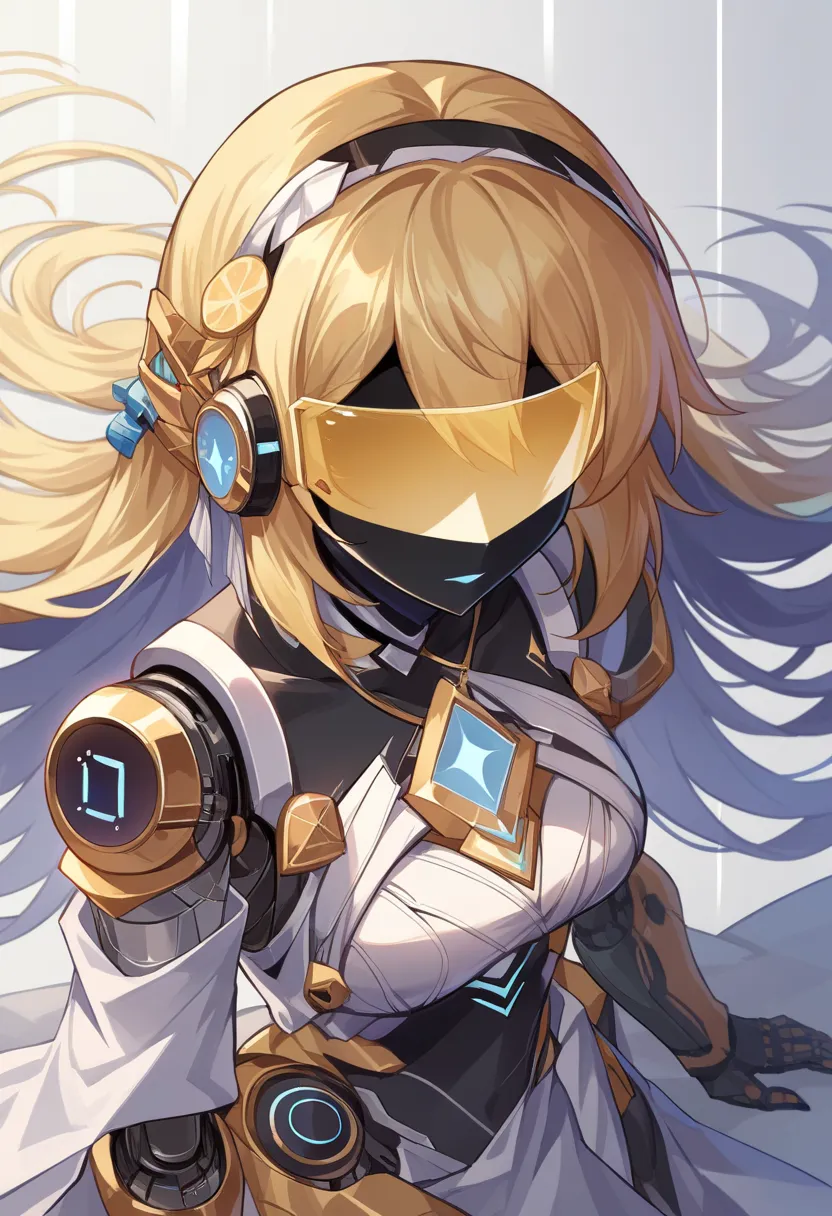 score_9, score_8_above, source_anime, mechanical braces ,  mechanical arms ,  mechanical legs ,  mechanical eyes, mechanical mouth, female, horb jet therefore hair, yellow inner hair,  protogen visor, therefore, gold, yellow color scheme.