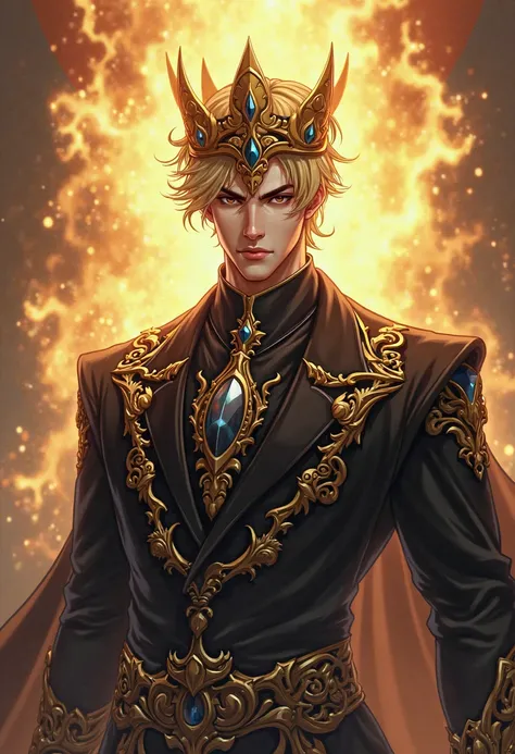 Create a male anime character with black clothes with gold details with golden crown and aura