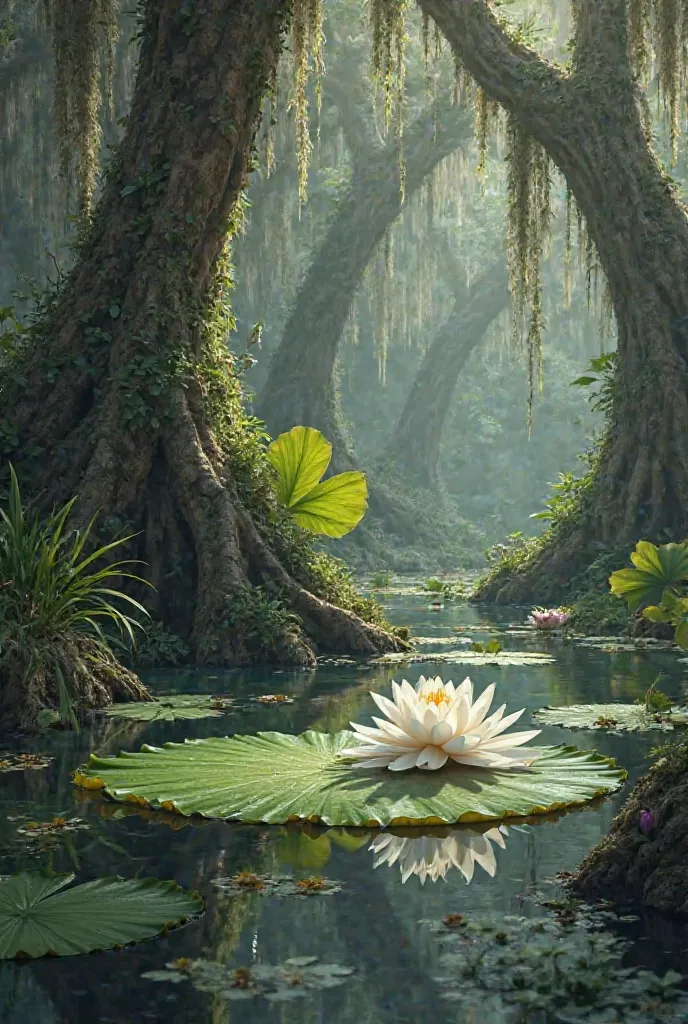 Make a swamp scene with a pond and a tree trunk on the lake with Vitória Régia 