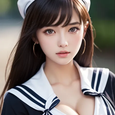 1 girl, (highest quality:1.4), (super detailed), (Highly detailed beautiful face), wonderful face and eyes, black eye, black hair, (sailor suit), (cleavage), Smooth, Highly detailed CG integrated 8k wallpaper, High resolution raw color photos, professional...