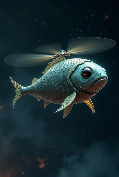 A fish with its antennas replaced by helicopter propellers floating in space 