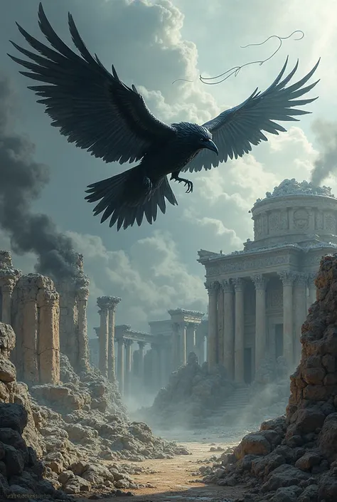 A black raven flies over a ruined temple with black smoke