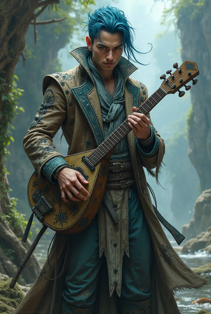  handsome man, water genasi, Carrying a lute, Wearing an old coat, rpg, d&d