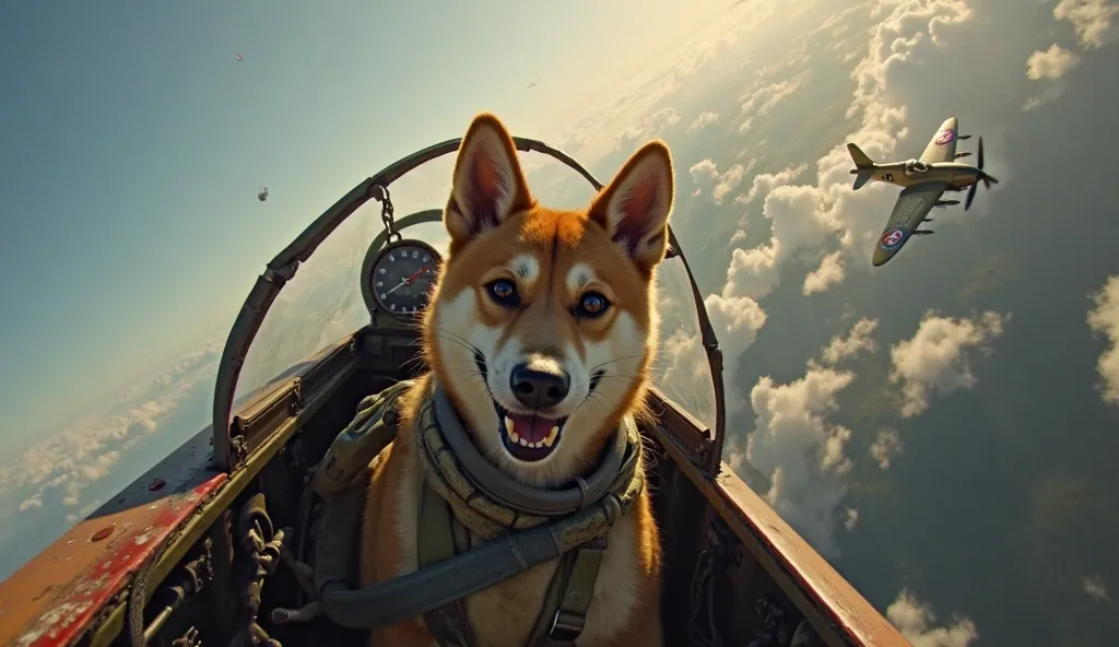 Dog’s Perspective (Cockpit View of Mitsubishi Zero plane - Desperate Counterattack)
Prompt: The Shiba Inu pilot of Mitsubishi Zero plane grits his teeth, blood trickling from a fresh cut above his eye. His instrument panel flickers—engine damage, stabilize...