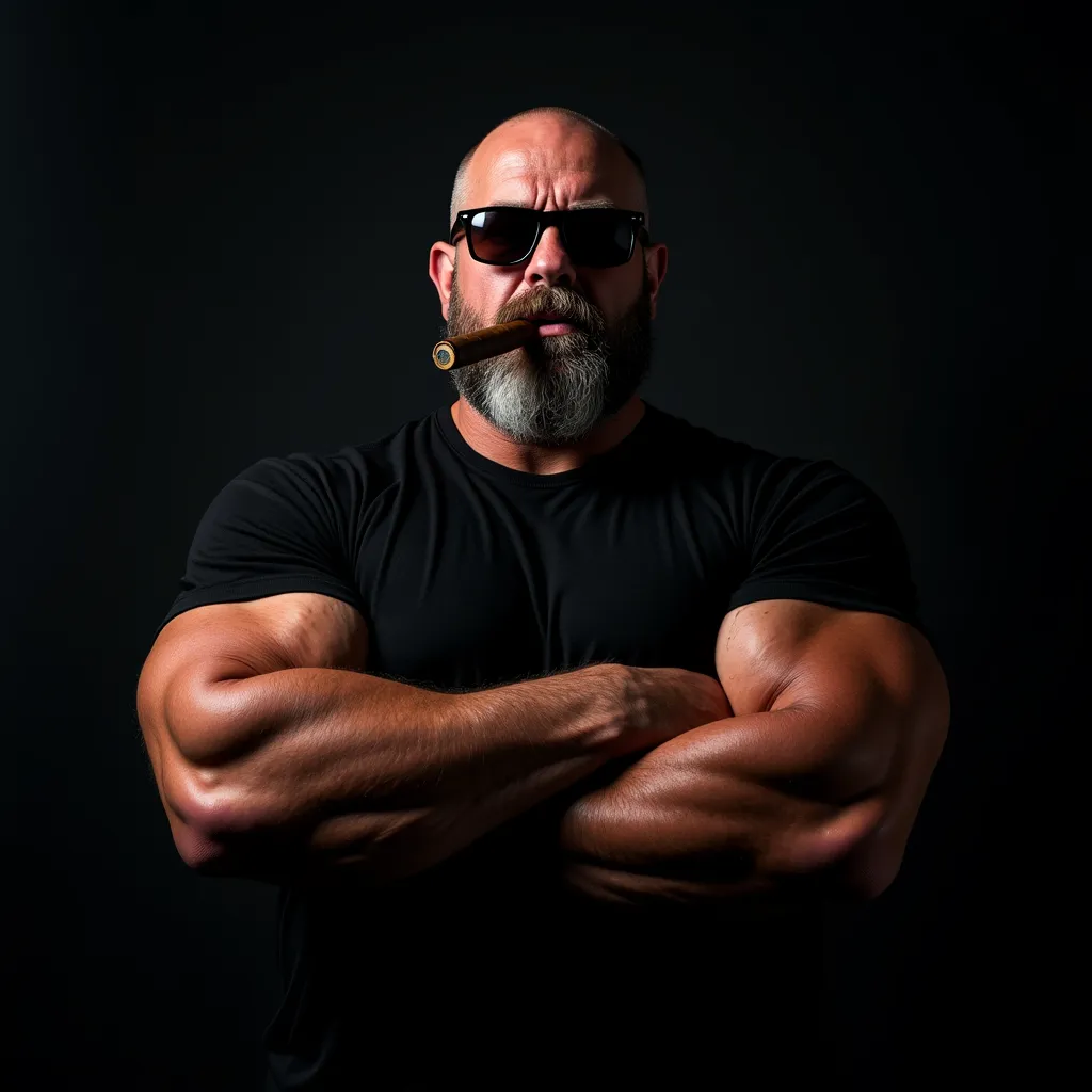 A tough, imposing man with a rugged appearance is captured in a dramatic low-light setting, exuding a sense of power and dominance. He has a thick, neatly groomed salt-and-pepper beard that contrasts with his tanned skin, and his head is shaved closely, em...