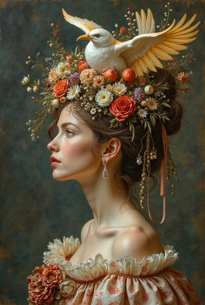 femme arafée coiffée d'un casque avec un oiseau qui survole, Heather Theurer, inspiré par Dino Valls, peinture à l'huile détaillée en 4k, michael cheval (moteur irréel, peinture à l&#39;huile baroque détaillée, dans un style haute renaissance, Inspiré par ...