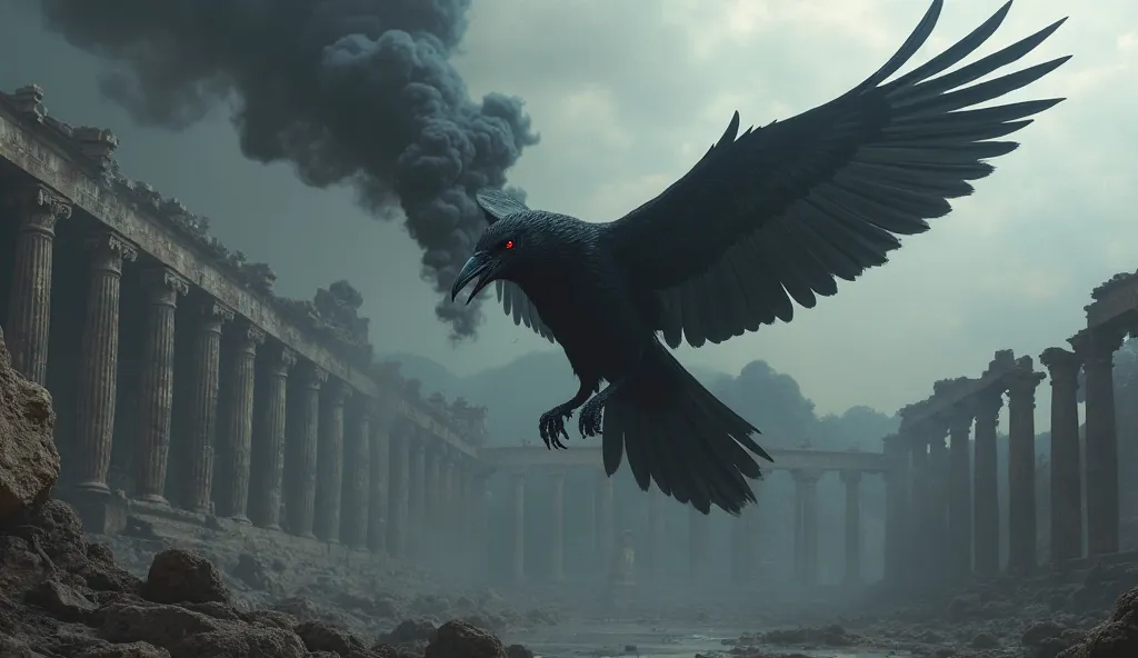 A black raven flies over a ruined temple with black smoke. The raven is blowing out jet black smoke