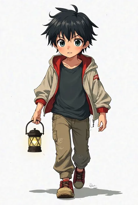 Ryouma as a , an  boy with a curious and determined gaze, Anime Style. His black hair is slightly messy, with a few strands falling over his forehead. His large, expressive eyes reflect his curiosity about the world around him. His skin is fair, and his ex...